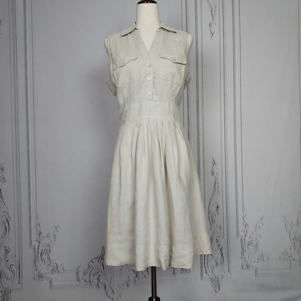 100% Linen Safari Midi Dress Fit and Flare Sleeveless Sz 8 Cream